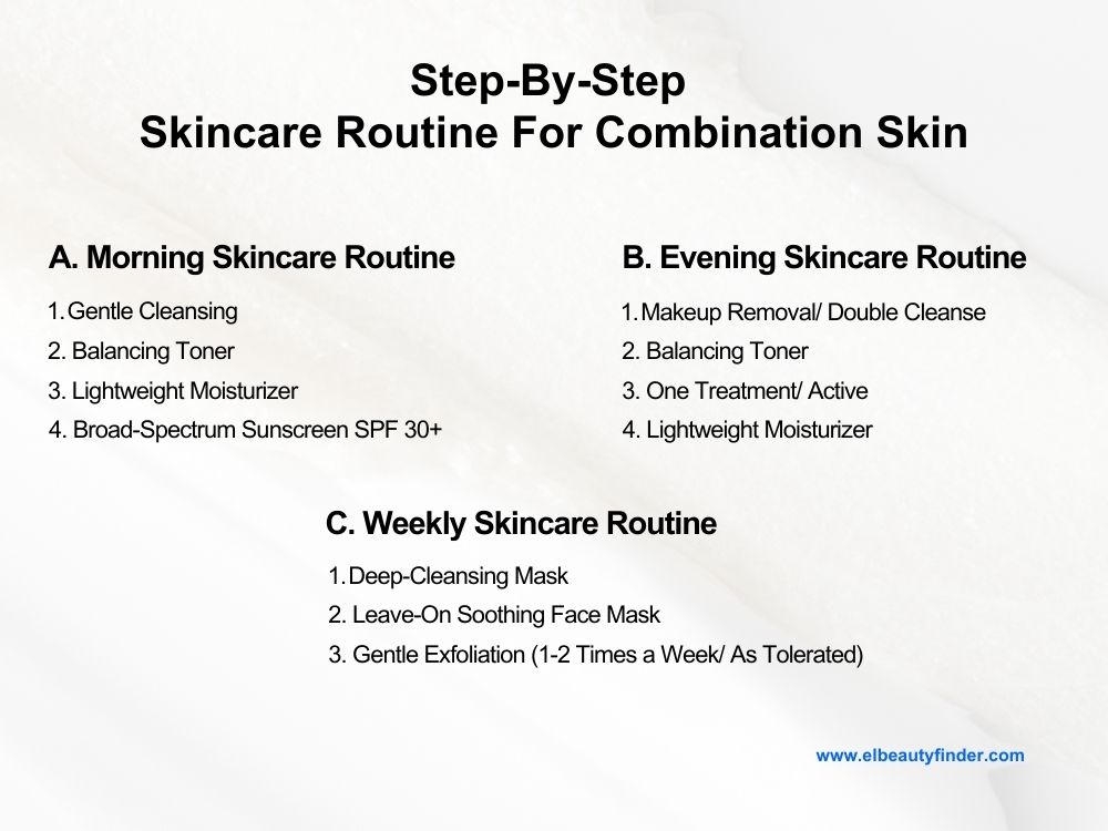 Here are the steps to follow in a skincare routine for combination skin for morning, evening and weekly